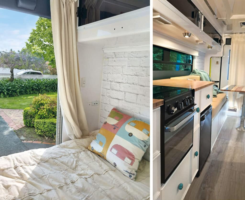 Motorhome interior featuring nuetral toned sleeping area with bed and a kitchenette